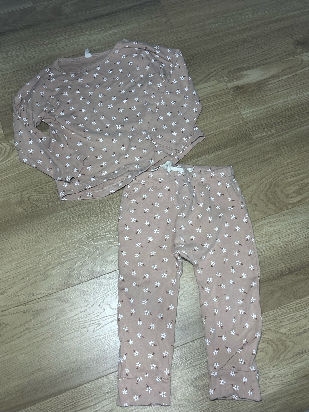 Quincy Mae Beige Kids Matching Set with White Flowers